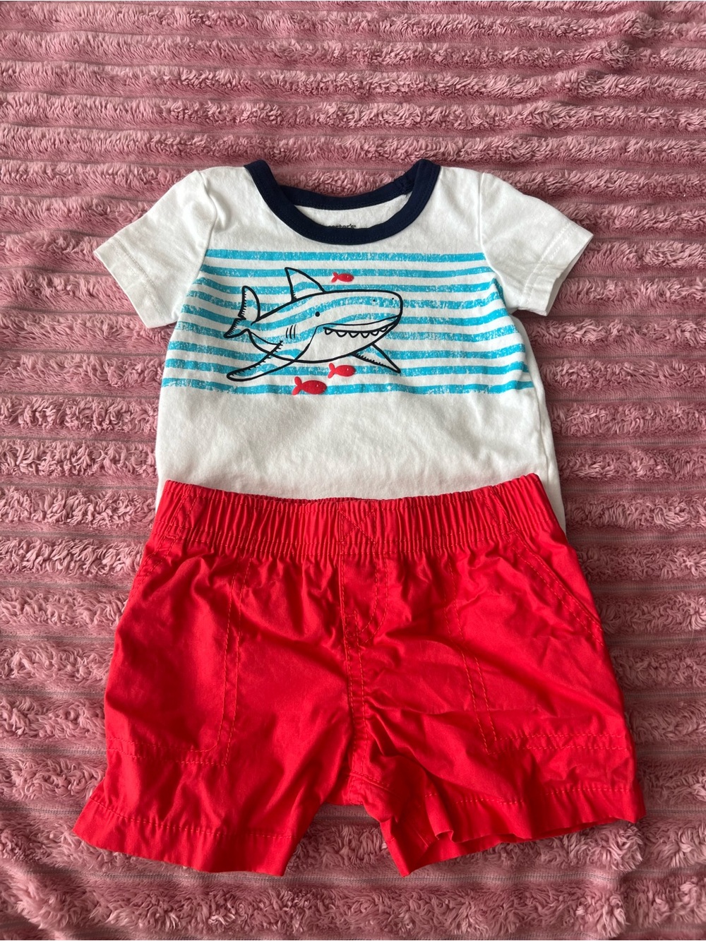 Carter's White & Blue Shark Tee with Red Shorts Kids Matching Set